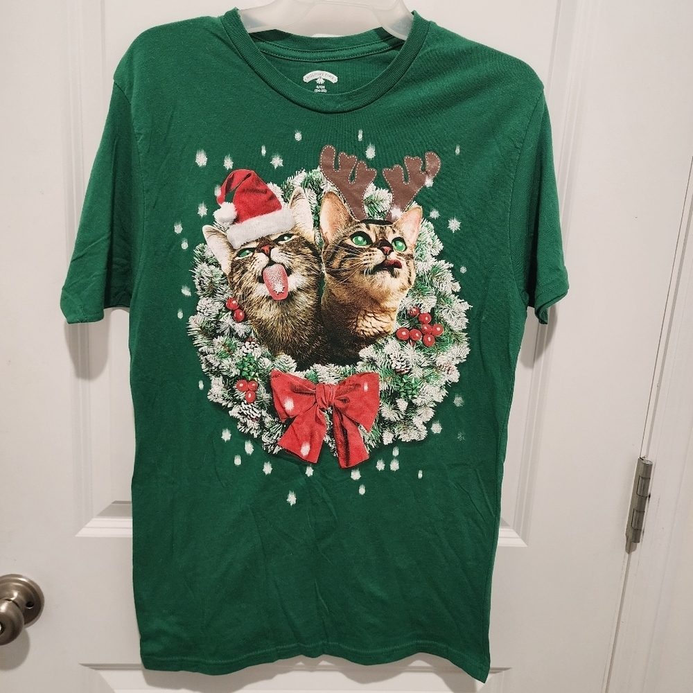 Holiday Time Cats Christmas Wreath Graphic Tee T-Shirt Men's Small S Holiday
